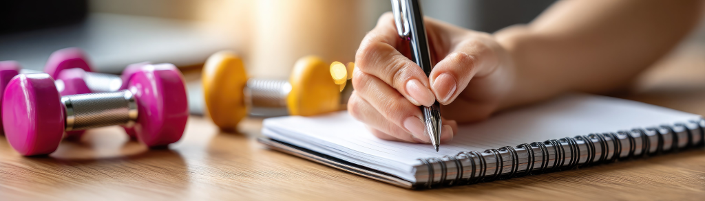 Person writing in a spiral notebook with a pen, with pink dumbbells and supplement bottles visible on the table