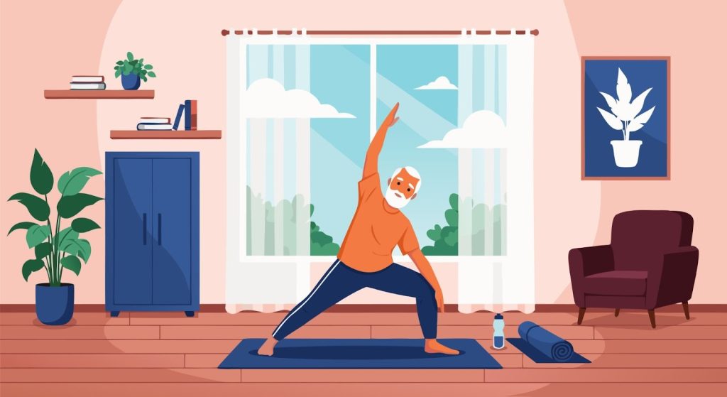 Illustration of an older man stretching on a yoga mat in a cozy living room, performing a side lunge stretch with one arm raised overhead. The room includes plants, shelves, a cabinet, a chair, and a window letting in natural light, creating a calm, beginner-friendly exercise environment.